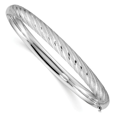 14k White Gold Textured Diamond Cut Bangle with Twisted Pattern 7.5in