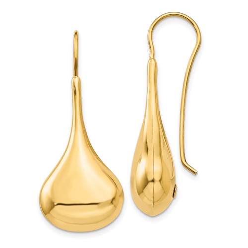 14k Yellow Gold Puffed Slender Teardrop Wire Earrings 1.5in