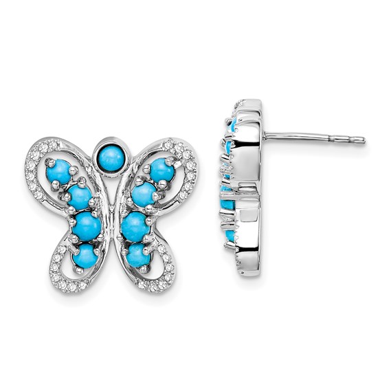 14k White Gold Turquoise and White Topaz Butterfly Earrings