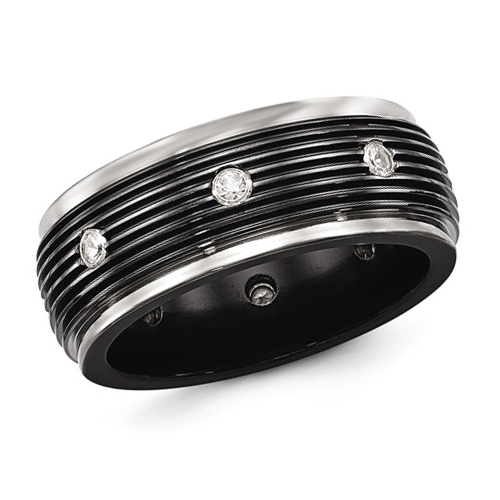 Edward Mirell 9mm Black Titanium White Sapphire Ring with Grooves