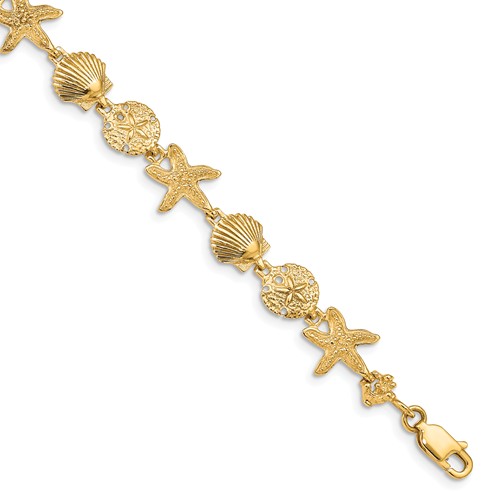 14k Yellow Gold Seashell Starfish Sand Dollar Bracelet 7.5in FB1142-7.5