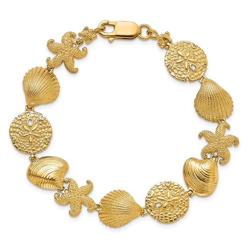 14k Yellow Gold Sand Dollar Clam Shell and Starfish Bracelet 7.5in