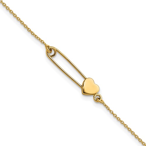 14k Yellow Gold Safety Pin with Heart Bracelet 7in