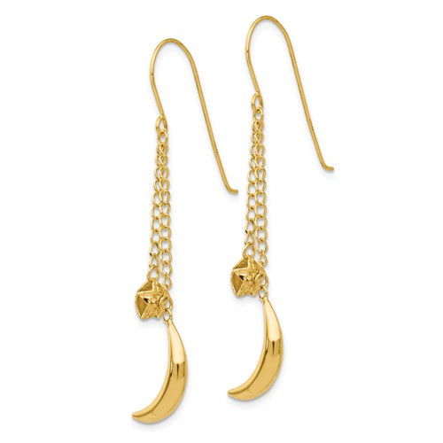 14k Yellow Gold Puffed Moon And Stars Dangle Shepherd Hook Earrings