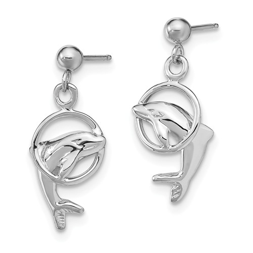 14k White Gold Dolphin Dangle Hoop Ball Earrings