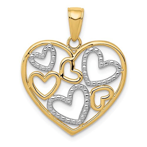 14k Yellow Gold And Rhodium Hearts in Heart Pendant 3/4in