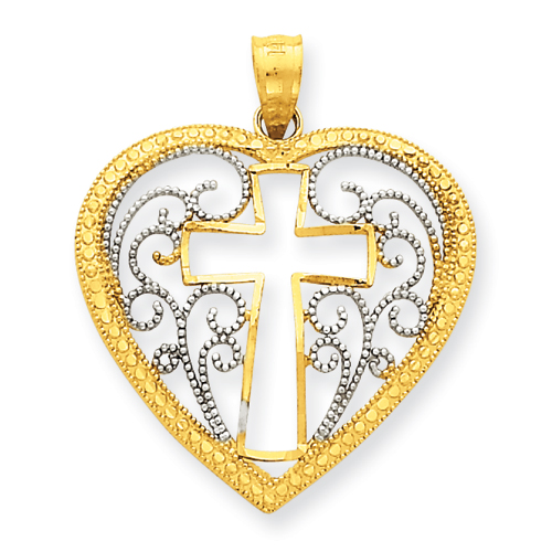 14kt & Rhodium 7/8in Diamond-cut Cross Heart Pendant