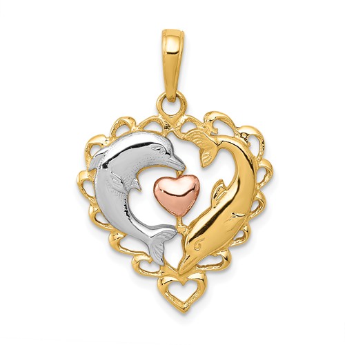 14k Yellow and Rose Gold Rhodium Dolphins in Heart Pendant 3/4in