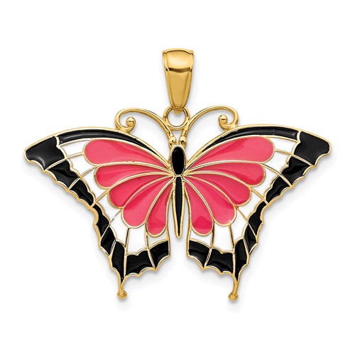 14k Yellow Gold Red and Black Acrylic Butterfly Pendant 1in