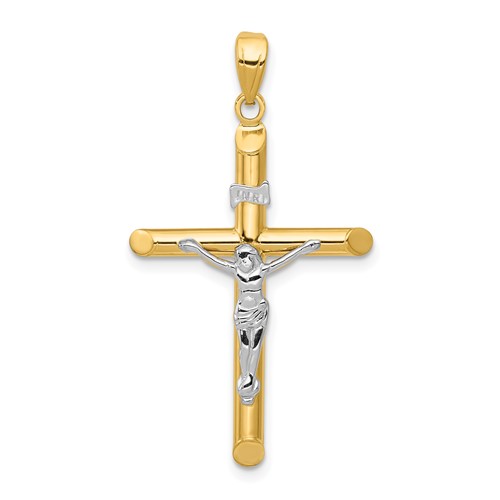 14k Two-tone Gold Hollow Tube Crucifix Pendant 1in