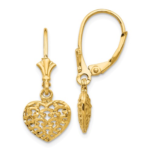 14k Yellow Gold Mini Puffed Heart Leverback Earrings