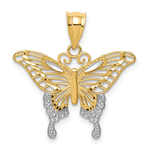 14k Yellow Gold And Rhodium Diamond-Cut Fancy Butterfly Pendant 5/8in