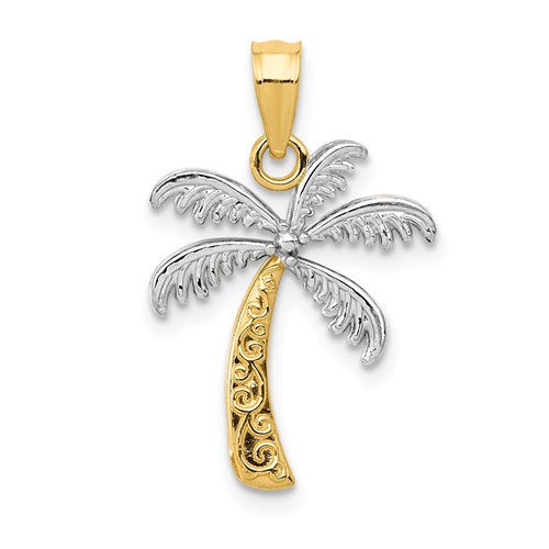 14k Yellow Gold Palm Tree Pendant with Rhodium Fronds