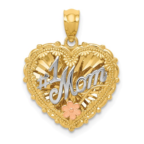 14k Tri-Color Gold #1 Mom Heart Pendant with Flower