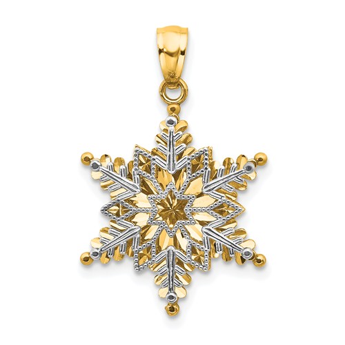 14k Two-Tone Gold Textured Snowflake Pendant 3/4in