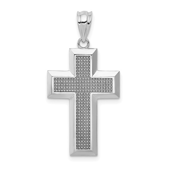 14k White Gold Beveled Textured Cross Pendant 1in