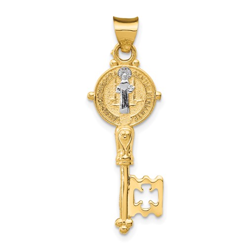 14k Yellow Gold with Rhodium St. Benedict Cross Key Pendant 1in