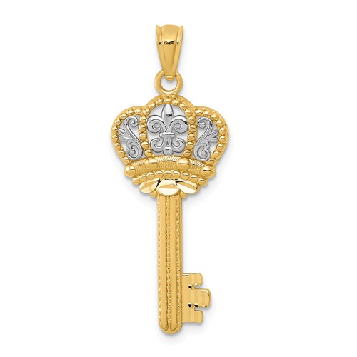 14k Yellow Gold Key Crown Pendant with Fleur de Lis Design 1in