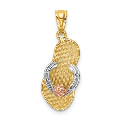 14k Two-Tone Gold Rhodium Flip Flop Pendant with Flower Accent