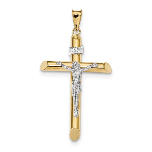 14kt Two-tone Gold 1 1/2in Hollow INRI Crucifix with Sloped Tips