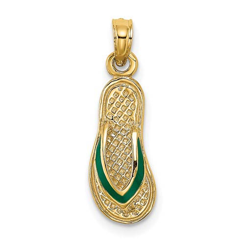 14k Yellow Gold 3-D Green Enamel Flip Flop Charm