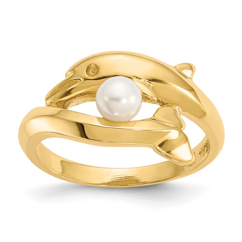 14k Yellow Gold Dolphin Ring with Freshwater Cultured Pearl