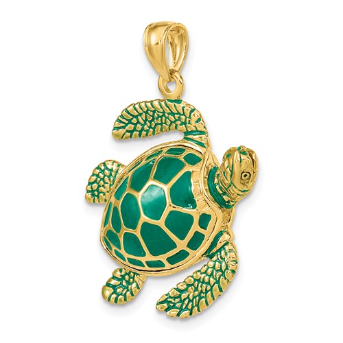 14k Yellow Gold 3-D Green Enamel Sea Turtle Pendant 1in