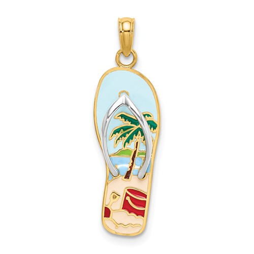 14k Yellow Gold Enamel Palm Tree And Bucket Flip-Flop Pendant