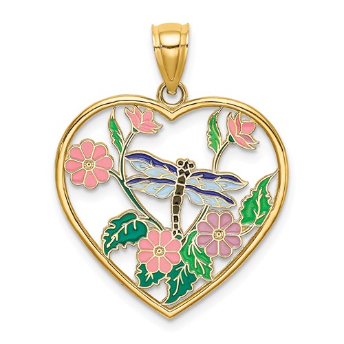 14k Yellow Gold Enamel Dragonfly and Flowers in Heart Pendant