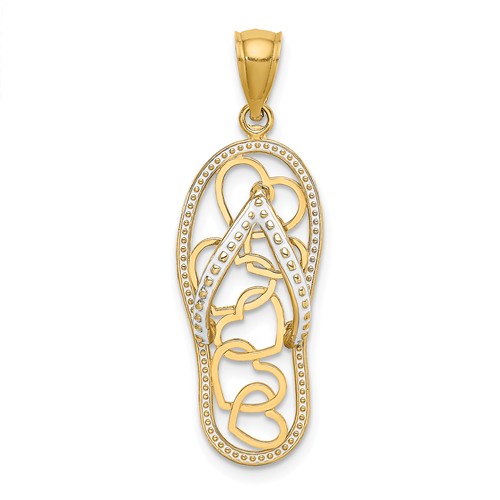 14k Yellow Gold White Enamel Flip-Flop Pendant with Hearts