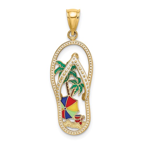 14k Yellow Gold Palm Tree Beach Scene Flip-Flop Pendant