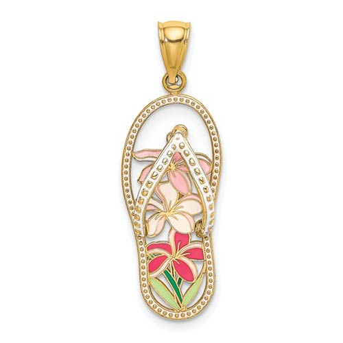 14k Yellow Gold Flip Flop Pendant with Three Flowers