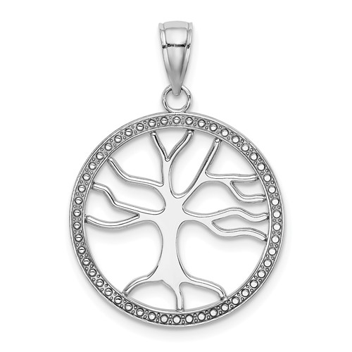 14k White Gold Round Tree of Life Pendant with Beaded Border 3/4in