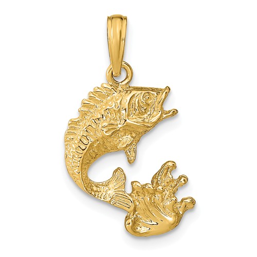 14k Yellow Gold Jumping Bass Fish Pendant with Splash