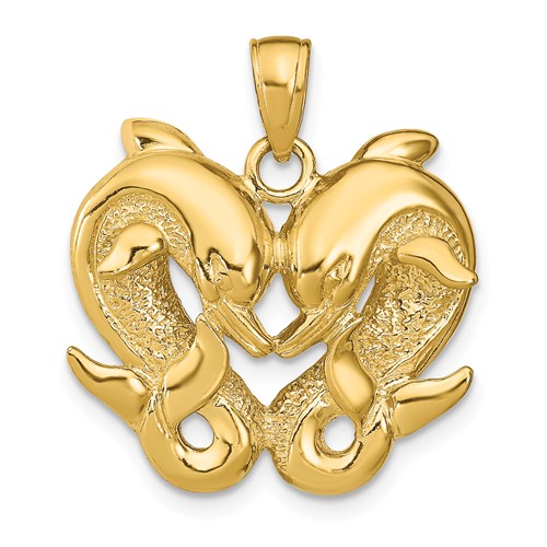 14k Yellow Gold Pair of Dolphins Heart Pendant 3/4in