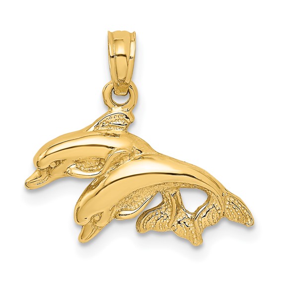 14k Yellow Gold Two Jumping Dolphins Pendant With Polished and Textured Finish