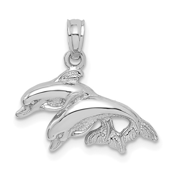 14k White Gold Two Jumping Dolphins Pendant With Polished and Textured Finish