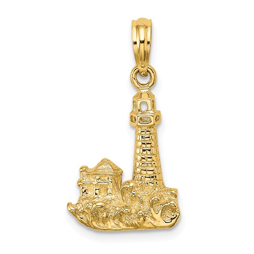 14k Yellow Gold Lighthouse Pendant with House and Waves 5/8in