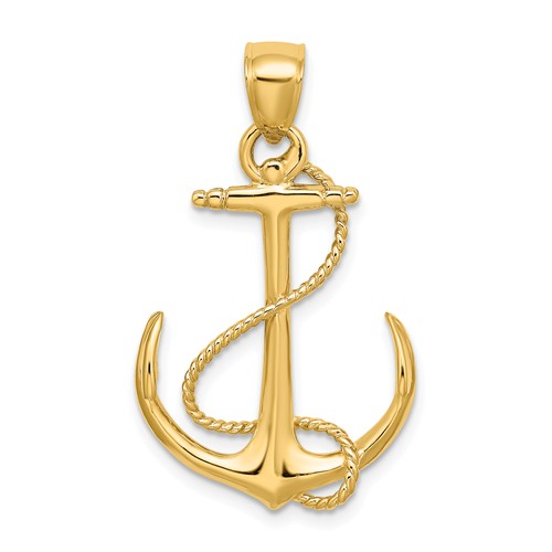 14kt Yellow Gold Anchor Pendant with Rope and Curved Arms 1in