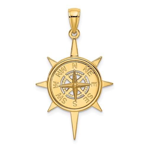 14k Yellow Gold Nautical Compass Pendant with Starburst Frame 1in