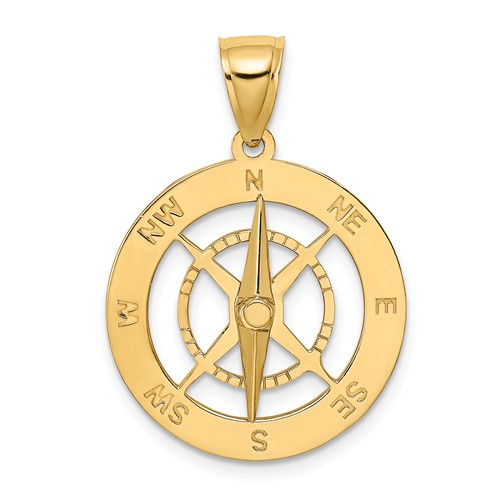 14k Yellow Gold Nautical Compass Pendant with Moving Needle 3/4in