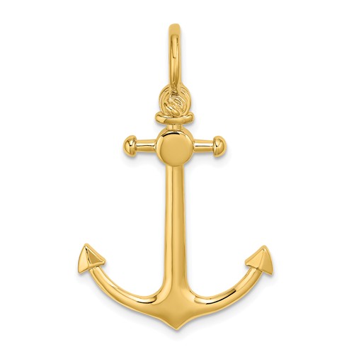 14k Yellow Gold 3-D Anchor Pendant With Short Stock Shackle Bail 1in