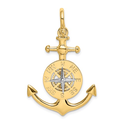 14k Yellow Gold Anchor Nautical Compass Pendant Rhodium Needle 1in