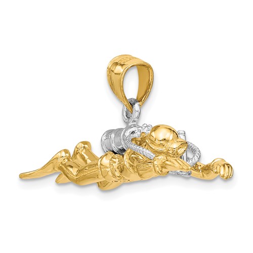 14k Yellow Gold 3-D Male Scuba Diver Pendant with Rhodium