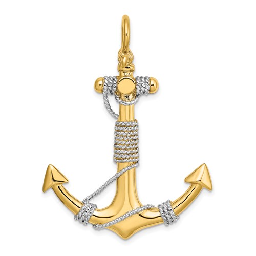 14k Two-tone Gold Anchor Pendant with Wrapped Rope 1.5in