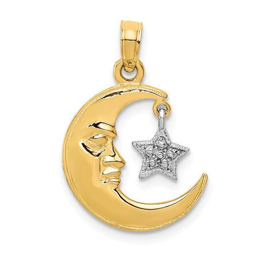 14k Two-tone Gold Crescent Moon and Star Pendant 5/8in