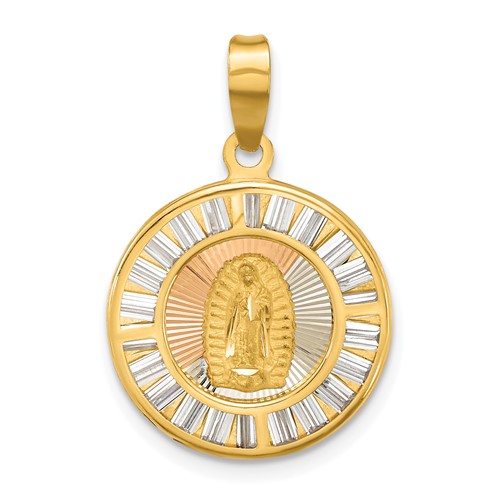 14k Yellow Gold Round Mother Mary Pendant with Baguette CZs 5/8in