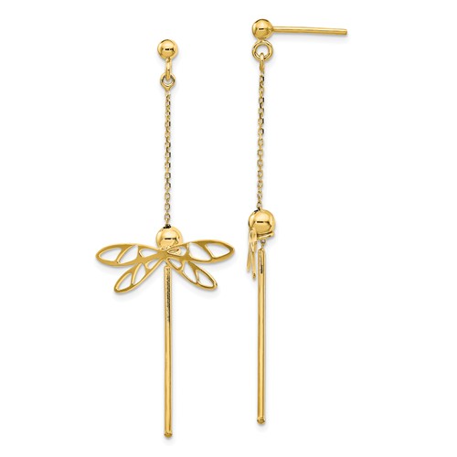 14k Yellow Gold Dragonfly Dangle Drop Earrings