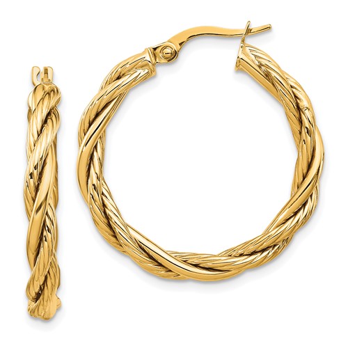 14k Yellow Gold Polished and Textured Woven Hoop Earrings 1in