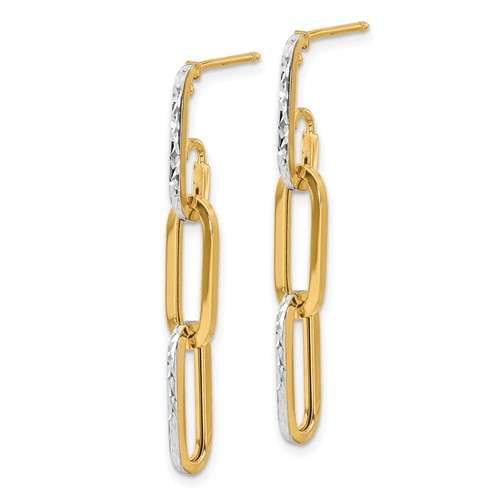 14k Yellow Gold Rhodium Diamond-cut Long Oval Link Dangle Earrings